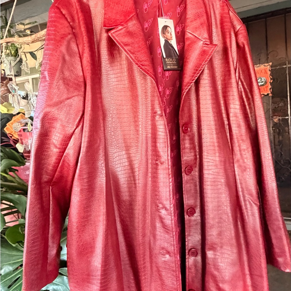 Red leather croc plus size Women's long Jacket coat 2XL